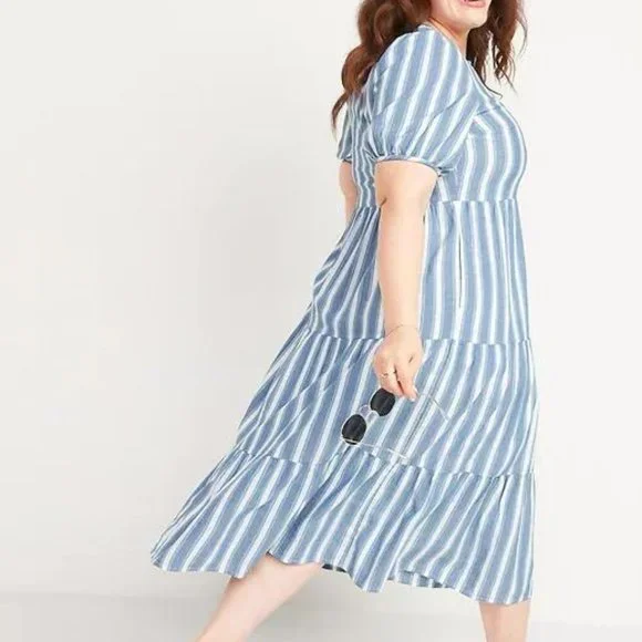 Old Navy Puff-Sleeve Tiered Striped Plus Midi Swing Dress for Women New - Picture 2 of 4